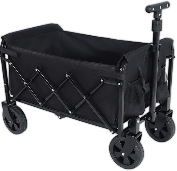 Collapsible Wagon Cart, Heavy Duty Folding Wagon with All Terrain Wheels, Utility Shopping Cart for Beach Garden Grocery Sports (Black)