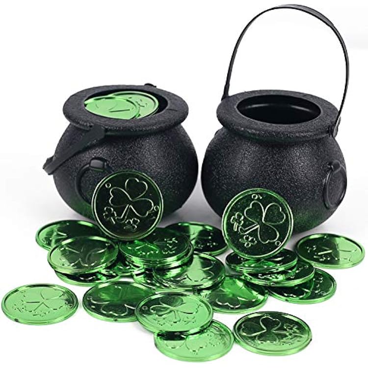 FUTUREPLUSX 2 Pack St. Patricks Day Plastic Black Cauldron Kettles, Pot of Gold Leprechaun Party Decoration Supplies with 50 Plastic Shamrock Green Gold