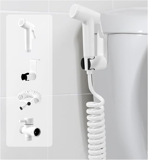 Handheld Bidet Sprayer Kit for Toilet, Bidet Faucet Cloth Diaper, Baby Wash, Pet Wash or Toilet Cleaning, with Spring Type Bidet Hose (White)
