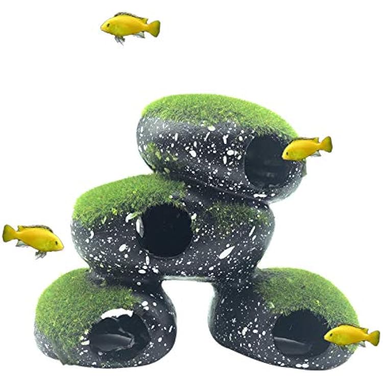 PINVNBY Stone Aquarium Hideaway Decoration Resin Cichlids Rock Decor with Artificial Moss Betta Cave Hideout Shelter Tunnel Fish Tank Ornament for Shrimp,Short Bream and CrayfishL
