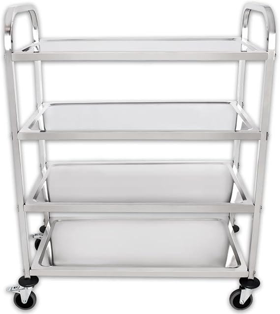 Beeketal BSW-4a Stainless Steel Serving Trolley with 4 Shelves and Curved Tube Frame (Load Capacity up to 300 kg) Ball Bearing Solid Rubber Wheels (2 x Brakeable) Dimensions (L x W x H): Approx. 1075 x 495 x 1240 mm