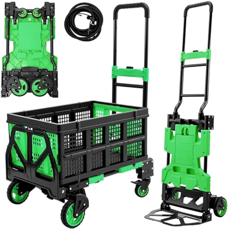 2 in 1 Folding Hand Truck with Collapsible Crate, 400 LBS Capacity Dolly Cart with Wheels, Hand Truck Dolly with 3-Position Height-Adjustable Handle, 59 Bungee Cord with Hooks is Included