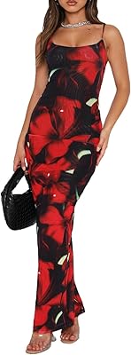 VECVOC Womens Summer Casual Floral Dresses Spaghetti Strap Bodycon Maxi Beach Dress,Red,Medium