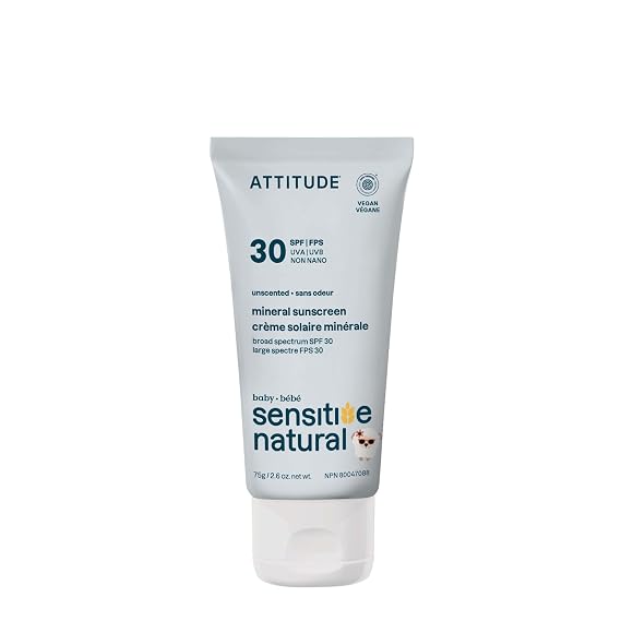 ATTITUDE Mineral Sunscreen for Baby and Kids with Sensitive Skin, EWG Verified, Broad Spectrum UVA/UVB, Dermatologically Tested, Plant and Mineral-Based Formula, Vegan, SPF 30, Unscented, 2.6 Oz