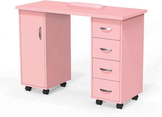 OmySalon Manicure Table Nail Desk with Cabinet, Drawers, Wheels & Wrist Rest, Spa Salon Beauty Home Wooden Technician Workstation for Nail Tech, Pink