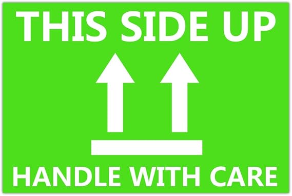 This Side Up Fluorescent Shipping Label Stickers-2" X 3" This Side Up Warning Stickers for Shipping and Packing-300 Adhesive Labels Per Roll (Green/White)