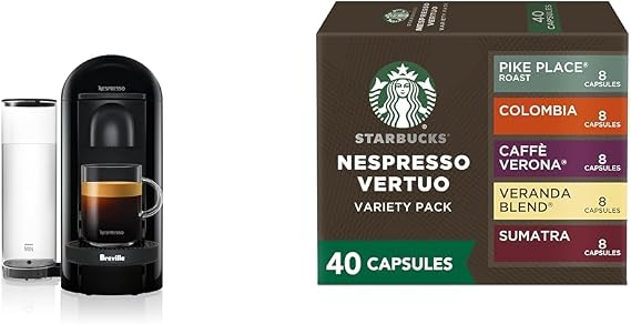Nespresso Vertuo Plus Coffee and Espresso Maker by Breville, Ink Black + Starbucks Capsules, Vertuo Line