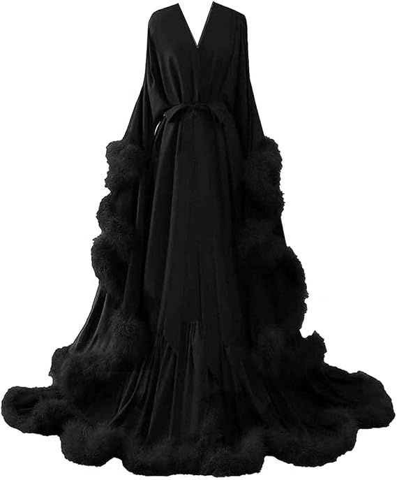 Changuan Feather Bridal Robe Silk Satin Robes Old Hollywood Long Bathrobe Lingerie Nightgown Sleepwear Maternity Photoshoot