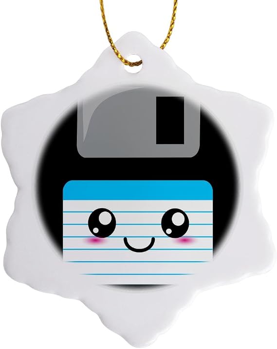 3dRose Kawaii Cute Happy Floppy Disk 3 inch Snowflake Porcelain Ornament