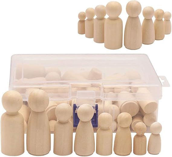 50 Pack Unfinished Wooden Peg Dolls & Figures - Assorted Shapes & Sizes for DIY Art Craft, Painting & Home Decor