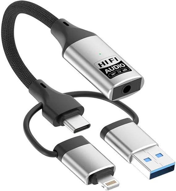 3in1 iPhone Lightning, Type-C, USB Girişli 3.5 mm Aux Çevirici Kulaklık Jak Adaptör FC1164