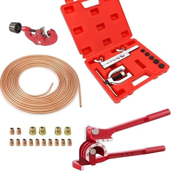 Brake Pipe Flaring Tool Set, Include 3 in 1 Tubing Bender, 3/16in 25ft Brake Line with 16 Joints, 1 Tube Cutter, Brake Line Flaring Tool for Vehicle Brake Systems, Air Conditioning Systems ﻿