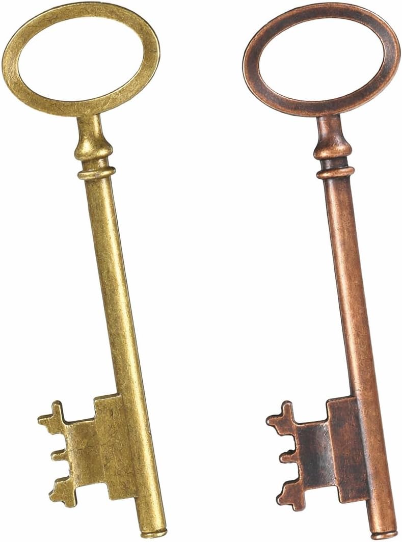 2 Pcs Skeleton Key Set, Hollow Barrel Vintage Key Replacement in Antique Style Alloy for Cabinet Door Dresser Clock and Furniture Locks, Decorative Old Fashioned Keys (Bronze)