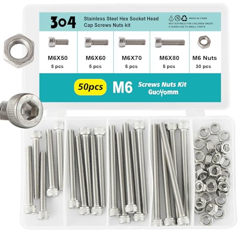 50PCS M6 x 50mm 60mm 70mm 80mm, Hex Socket Head Cap Screws Bolts Nuts Kit, Stainless Steel 304, Metric Allen Drive, Fully Threaded