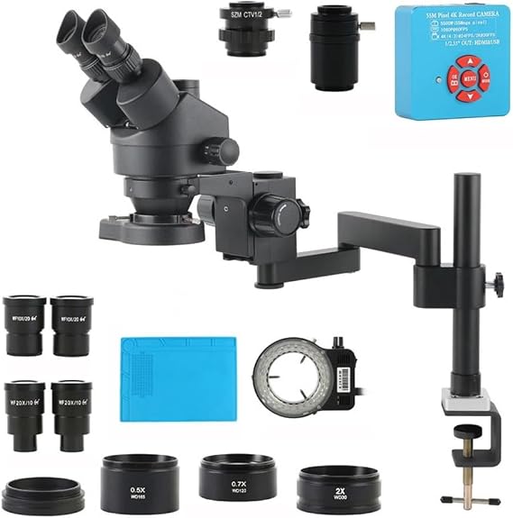Microscope 3.5X-180X Zoom Industry Stereo Trinocular Microscope 48MP 4K 2K HDMI USB Video Camera Desktop Folding Stand PCB Soldering Kit(55MP 4K 2K HDMI USB)