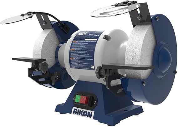 Rikon 80-808 - 8" Bench Grinder - Metal Construction, 550W, 1480 RPM, Dual Rear Dust Ports, Adjustable Tool Rests
