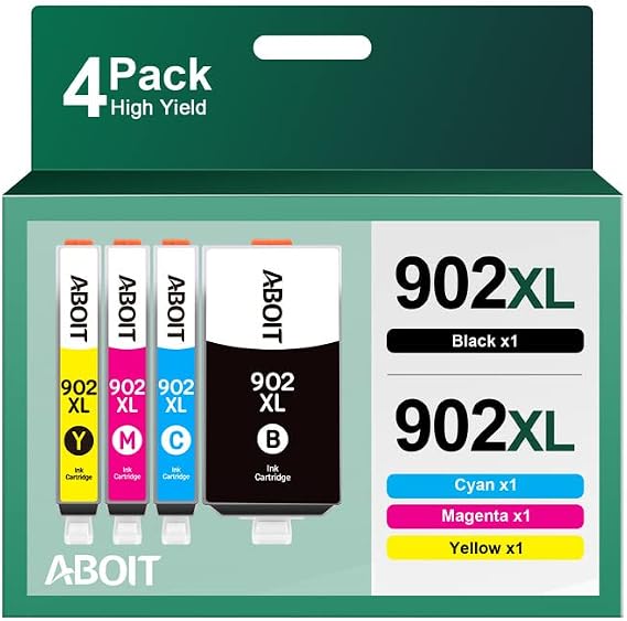 Compatible Ink Cartridge Replacement for HP 902XL, Cyan, Magenta, Yellow, Black, 4 Pack