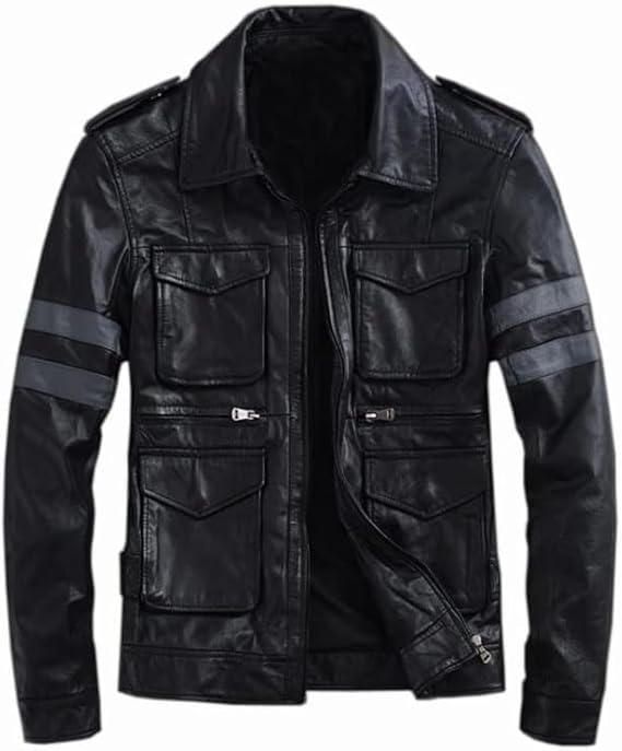 Men's Resident RE6 Evil Leon S Kennedy Leather Jacket | Motorcycle Leather Jacket with Stripes Sleeves