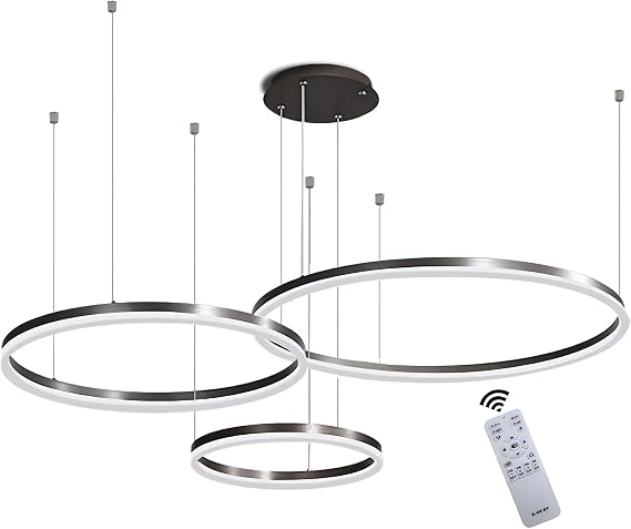 Metal LED Chandelier | 3 Circles 20+40+60cm | 45W Rings Ceiling Hanging Lamp, Dimmable Remote Control 3000-6000K, Acrylic Shade Pendant Light, Living Room Bedroom Foyer Dining Room Kitchen【Black】