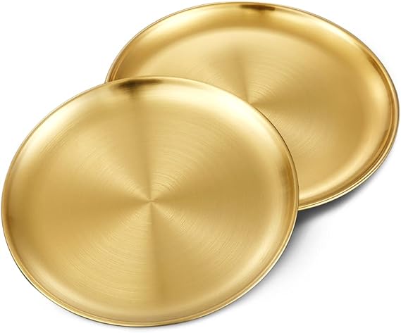 2 Pieces 10.2 Inch Stainless Steel Dinner Plates, Stainless Steel Plates, Metal Dinner Dishes for Steak Salad, Stainless Steel Camping Outdoor Plate(Gold, 26cm)
