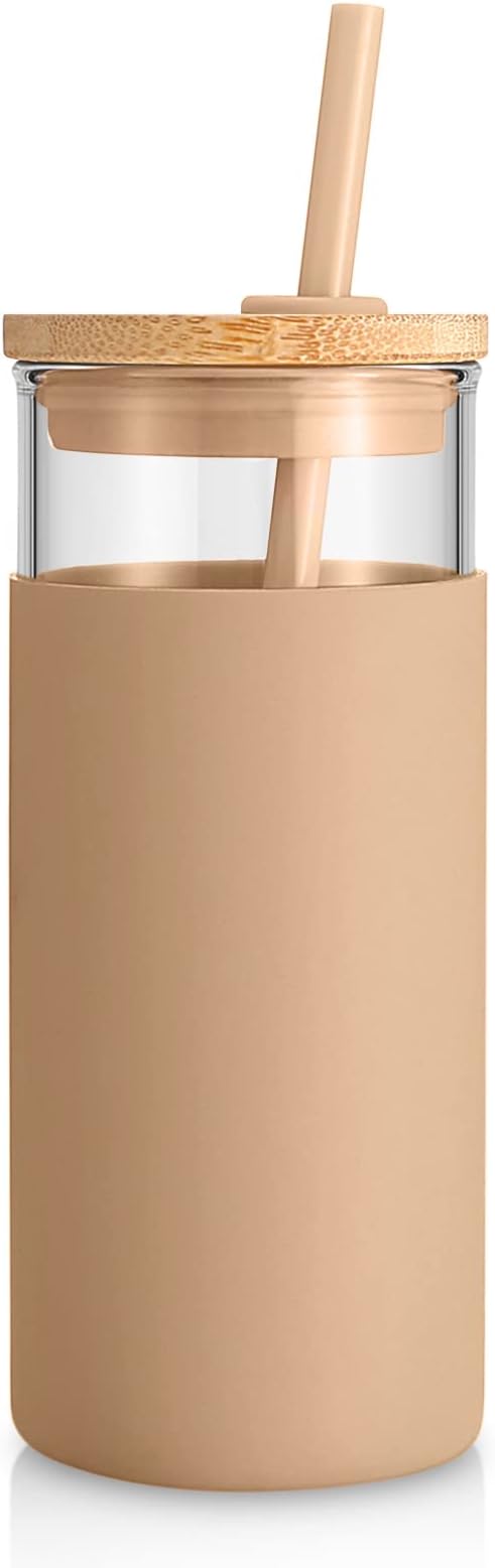 Tronco 20 oz Glass Tumbler with Lids and Straws, Reusable Iced Coffee Cups
