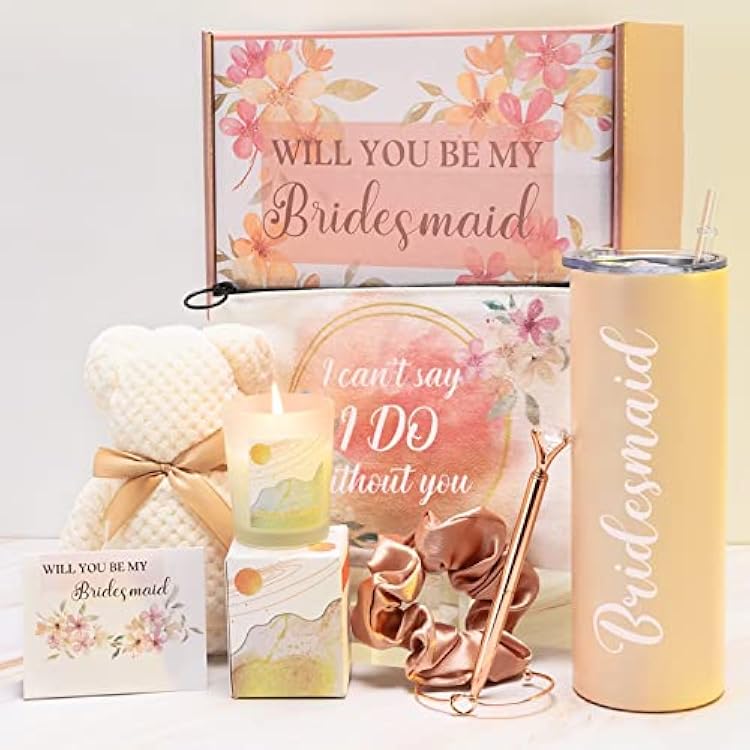 HNSHAG Bridesmaid Gift Set - 8 Pcs Bridesmaid Wine Glasses Candles Makeup Bag & More - Rose Scented - Modern Floral Theme - Perfect for Bridal Shower