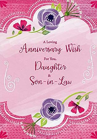 Loving Anniversary Wish: Purple Flowers on Top and Bottom Wedding Anniversary Congratulations Card for Daughter and Son-in-Law