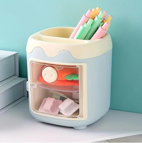 Sevimli Masaüstü Kalemlik Kawaii Kapaklı Mini Dolaplı Kalemlik - Mavi