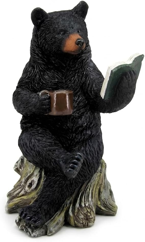 The Bridge Collection Black Bear Reading a Book Figurine Rustic Cabin Decor | Hand-Painted Animal Reading & Holding Cofee Statue for Cabin, Lodge, Home or Garden - Indoor or Outdoor
