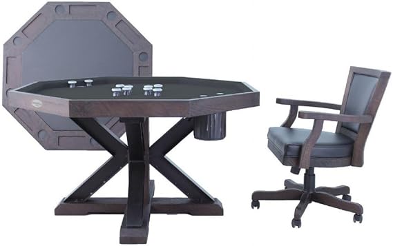 3 in 1 Table - Octagon 48" Weathered Bumper Pool with Slate Bed in Black Oak W/4 Chairs