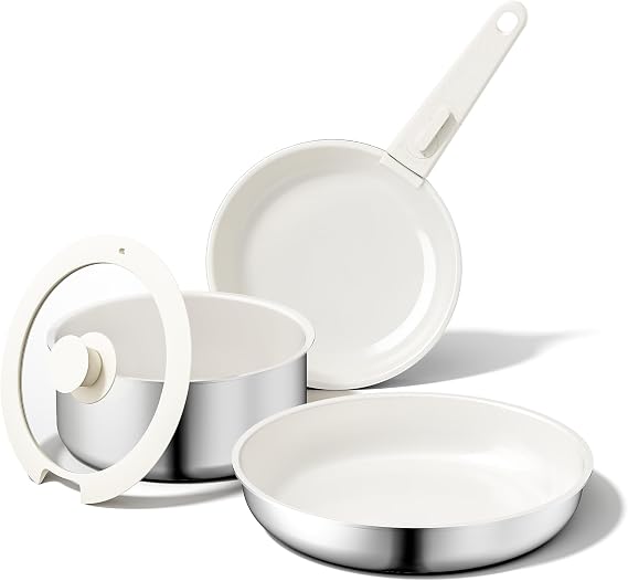 5 PCS Ceramic Cookware Set, Stainless Steel Exterior Pots and Pans Set Non Stick, 10x More Durable Super Ceramic Coating, for Induction Hob Pan Set (Beige White)