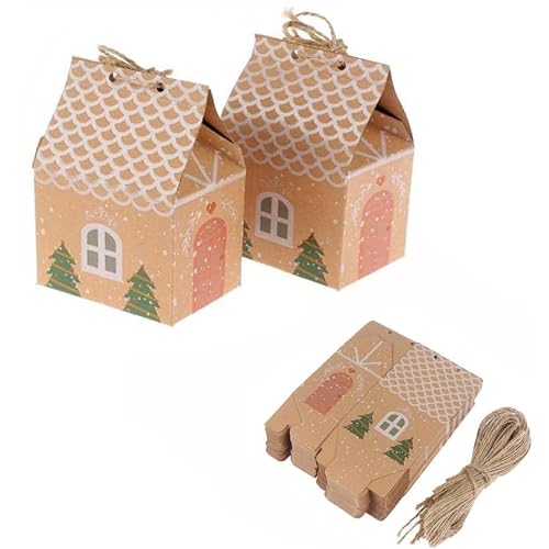Welecom 50Pcs Christmas House Shaped Candy Bags Sweet Paper Treat Bags Wedding Christmas Tree Gift Boxs Cookie Chocolate Biscuits Bag Decorative Pouch Jewelry Gift Bags for Xmas Wedding Birthday Party