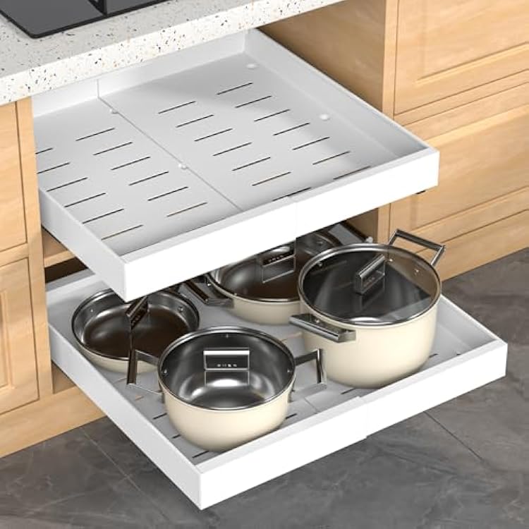 Expandable Pull Out Cabinet Organizer, 21Deep Slide Out Drawer with Nano Adhesive, Upgrade 3 Slide Rails Roll Out Shelf for Kitchen, Pantry or Bathroom, Adjustable Width 12.4-20.2