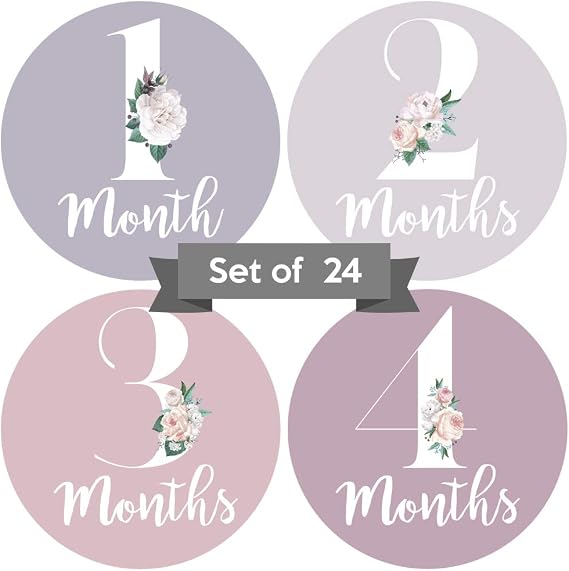 Baby Monthly Milestone Stickers - Set of 24 - Mauve Purple Floral | Floral Monthly Milestone Stickers for Girls - Includes 24 Photo Props - Perfect for Baby Shower Gifts & Newborn Photos