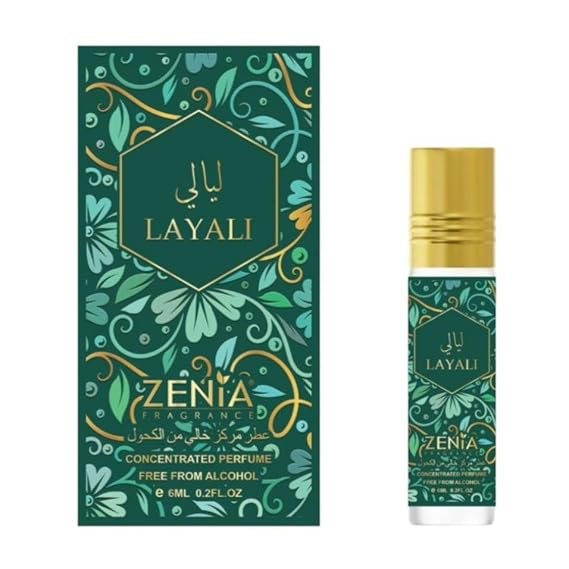 Zenia Layali Perfume Oil Roll-On 6ml / 0.2oz | Long Lasting Alcohol-Free Sweet Floral Fragrance Oil with Vanilla, Caramel, Jasmine & Vetiver