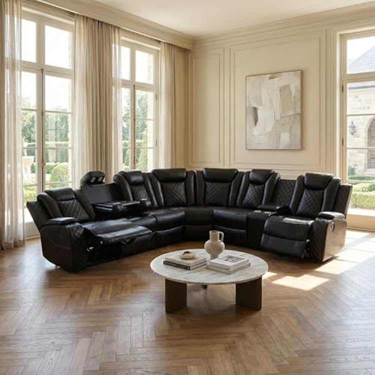 Power Reclining Sectional Sofa, Living Room Furniture Set with USB PortStorage Console, Leather Recliner Couch Sectional for Living RoomApartmentOfficeHome Theather Black