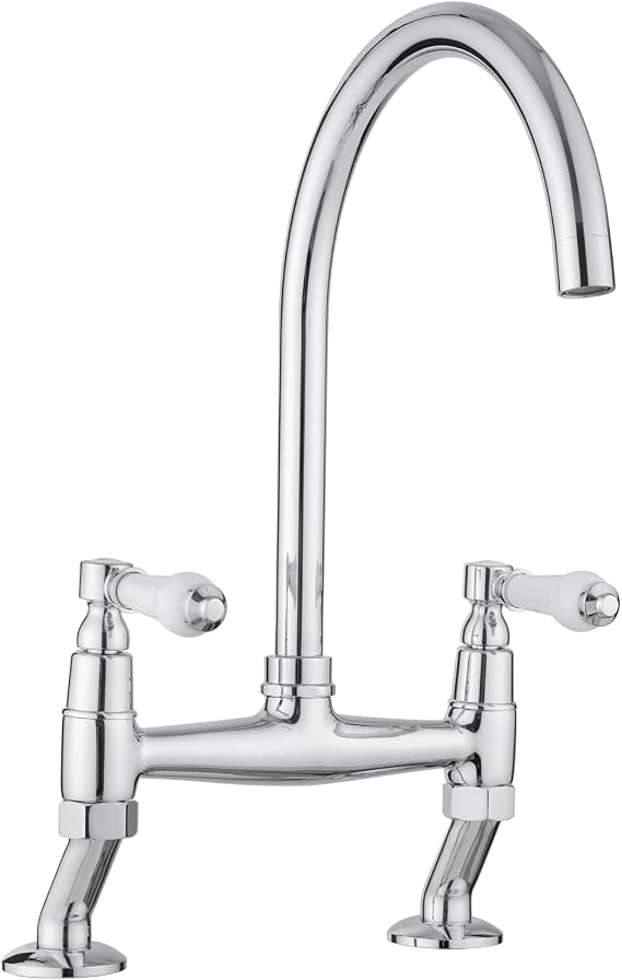 JASSFERRY Traditional Bridge Mixer Tap White Ceramic Lever Handles Deck Mounted Monobloc Classic 2 Hole Kitchen Sink Chrome Faucet with Swivel Spout