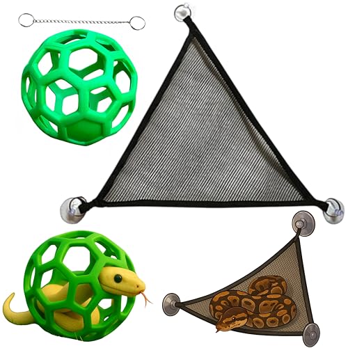 Snake Enrichment Toys Ball with Hammock, Reptiles Climbing Toy Hammock, Small Snakes Enrichment Toys Activity Ball With Chain, Snake Tank Accessories, Crested Gecko Tank Accessories Green, L