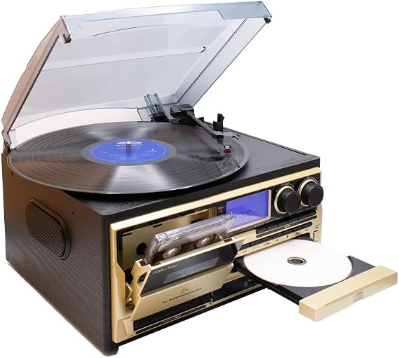 All-in-One Record Player, AR-01G, Remote Control, Analog and Digital, Stylish Wooden Cabinet, Champagne Gold, Retro Style, Multi Recorder