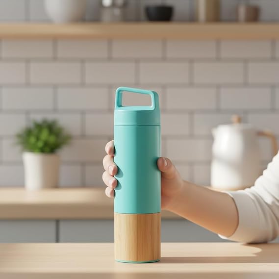 Deconox 600 ml Bambu Tabanlı Kulplu Çelik Termos Mug - 5 Renk Seçenekli Sıcak/Soğuk Tutucu Seyahat Bardağı (TURKUAZ)
