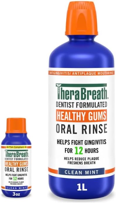 TheraBreath Healthy Gums Mouthwash, Clean Mint, Antigingivitis, 1 Liter (33.8 fl oz) + Travel Size, 3 fl oz