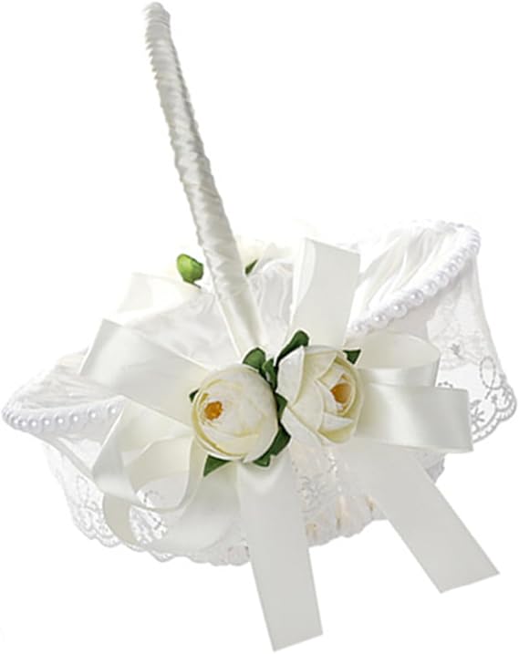 White Flower Girl Basket for Weddings, Rustic Plastic Ribbon Basket