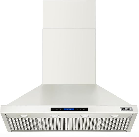 KOSTCH 48 inch Convertible Ducted Wall-Mounted Range Hood, 1200 CFM Kitchen Vent Hood with Touchscreen Control Panel, 3 Speed Exhaust Fan & LED Light, in Stainless Steel (White)