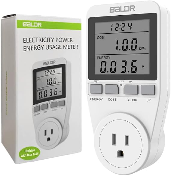 BALDR U.S. Electricity Usage Monitor for Home - Kilowatt Meter Sockets - Wattage Meter Plug In Appliances to Measure Energy Usage - Home Energy Monitor with Easy to Read Display - Home Power Monitor