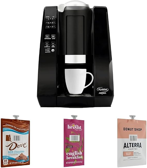 Flavia Aroma Single-Serve Coffee Brewer with Donut Shop and other hot drinks Sample Pack (Coffee Brewer + 400 Drinks)