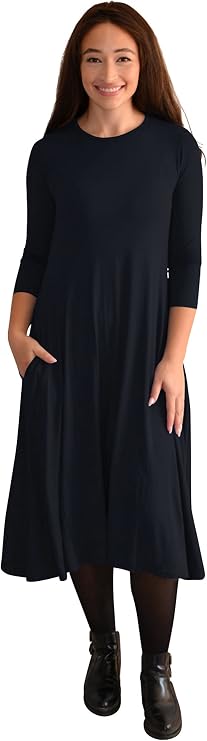 Kosher Casual Women's Modest Casual 3/4 Sleeve Mid-Calf Swing T Shirt Dress with Pockets