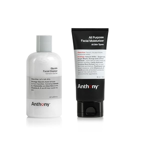 Anthony Essentials Duo Glycolic Facial Cleanser for Men and All-Purpose Facial Moisturizer - Mens Hydrating Lotion for Dry Skin
