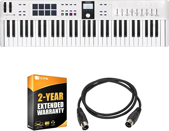 Arturia KeyLab Essential Mk3 61-Key USB MIDI Controller Keyboard, White 231531 Bundle with 2 YR CPS Enhanced Protection Pack and OnStage MDC-5 5-Ft Male-to-Male MIDI Cable