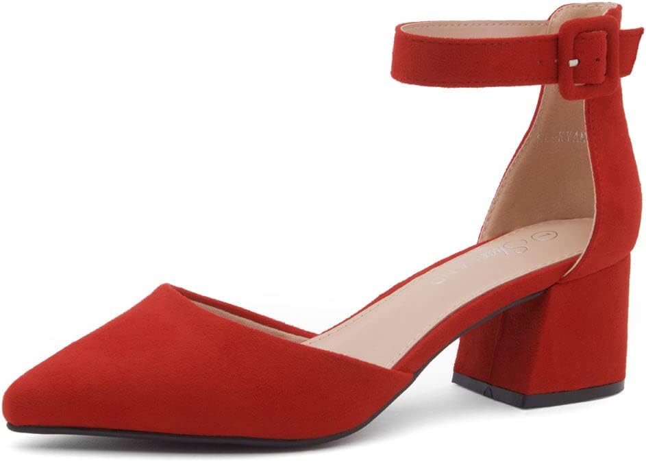Shoe Land Closed Toe Heels for Women Low Block Pumps with Ankle Strap, Pointed Toe Comfortable Chunky Dress Shoes for Office Work Wedding