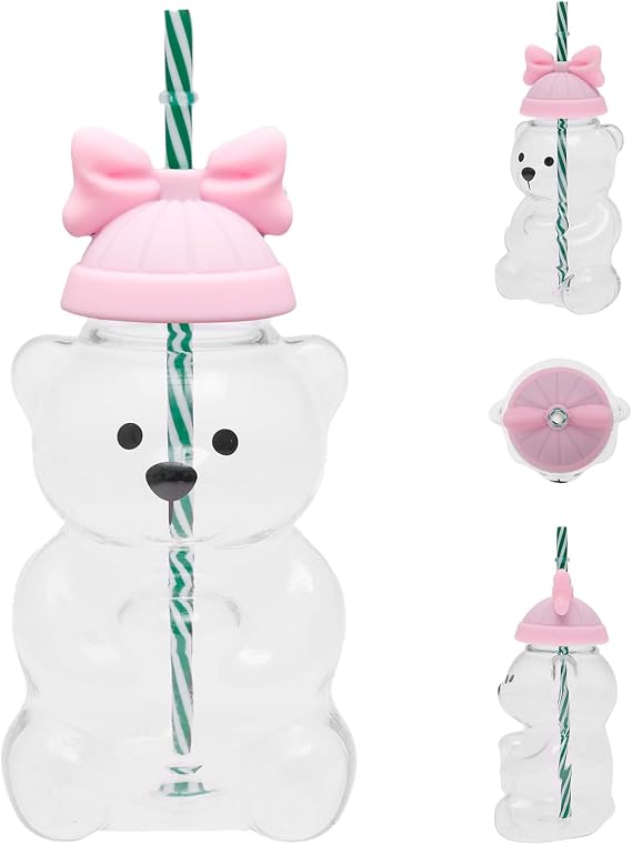 Bear Straw Cup Cute Bear Glass Cup with Lid and Straw 20oz Cute Bears Mugs Drinking Cups Bottle Mug for Juice Milk Coffee Tea Smoothies Water Beverage(Pink Bow)